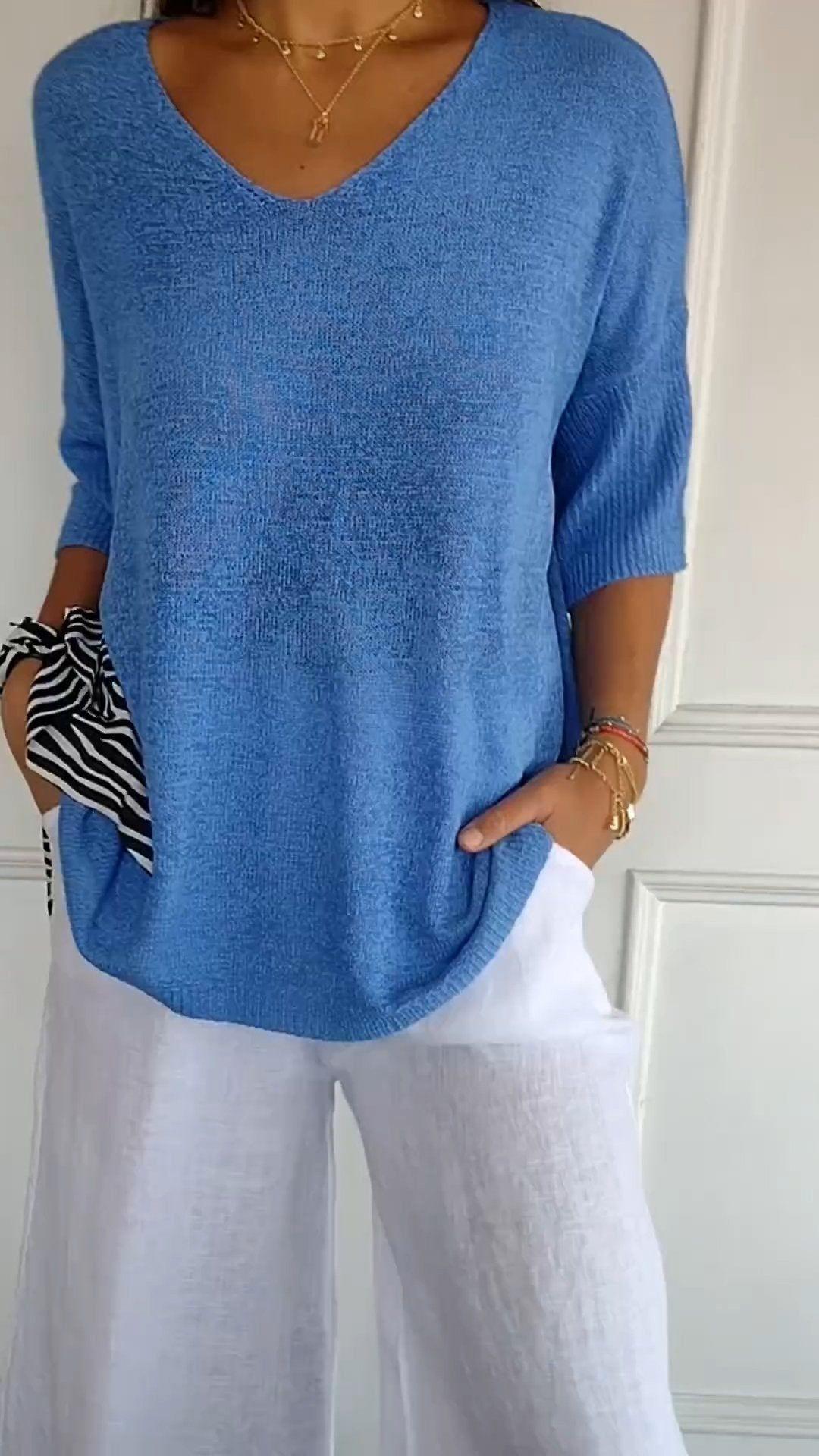 Solid Long Sleeve Sweater Slimming V-neckline Knitwear