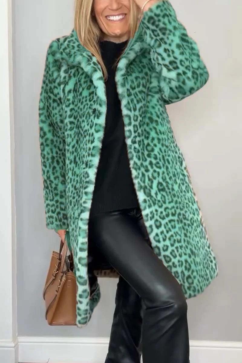 Leopard Print Plush Mid-Length Coat - Warm Winter Fashion for Women