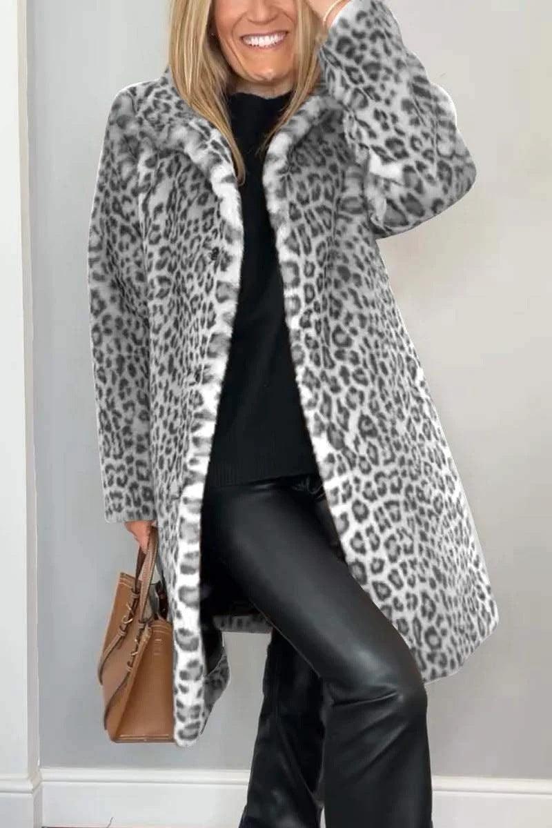 Leopard Print Plush Mid-Length Coat - Warm Winter Fashion for Women