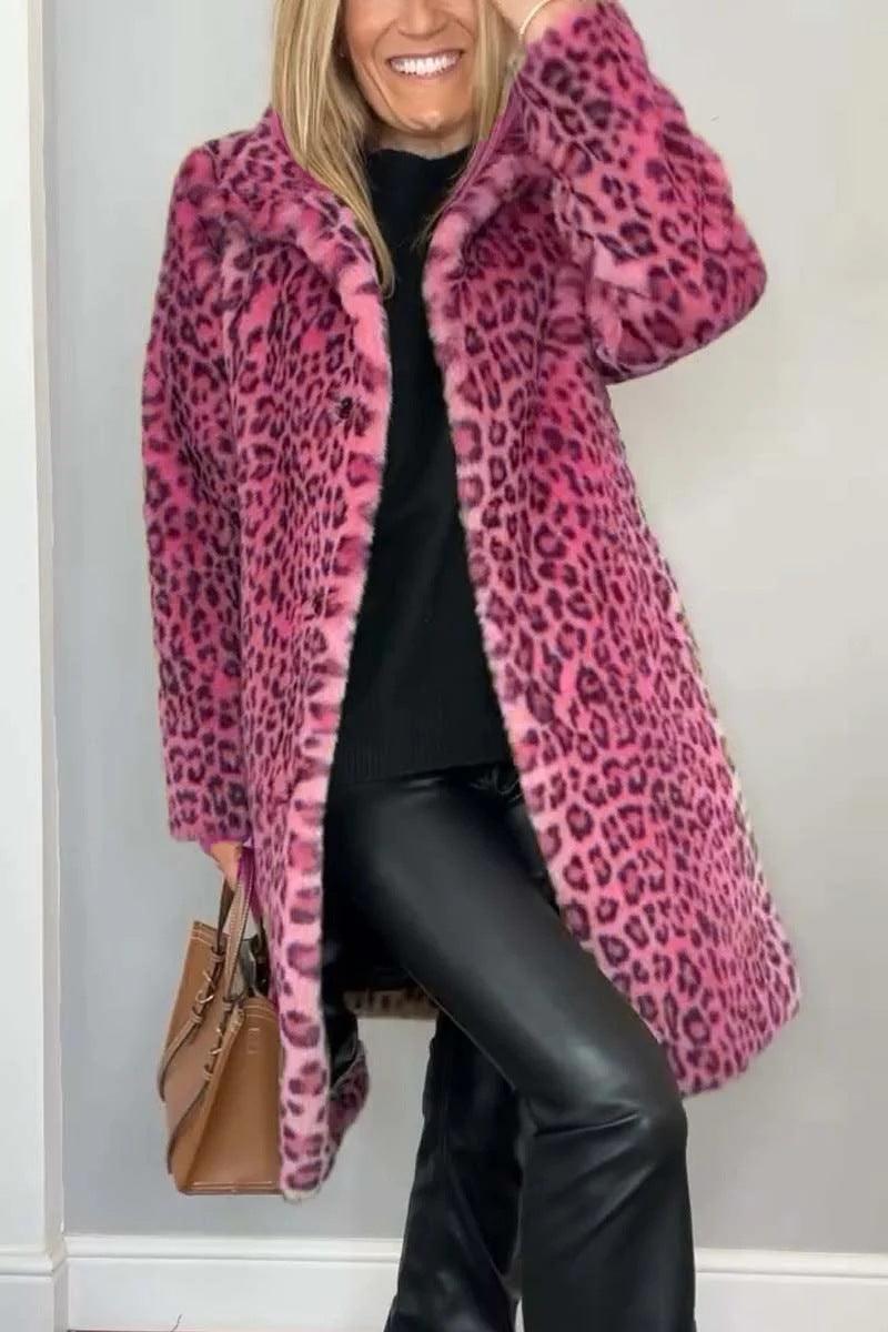 Leopard Print Plush Mid-Length Coat - Warm Winter Fashion for Women