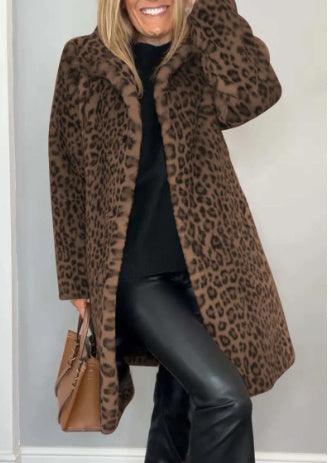 Leopard Print Plush Mid-Length Coat - Warm Winter Fashion for Women