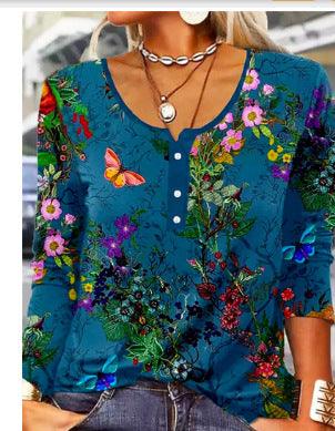 Long Sleeved Geometric Flower Mang U-neck Button Up T-shirt For Women