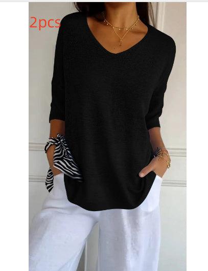 Solid Long Sleeve Sweater Slimming V-neckline Knitwear