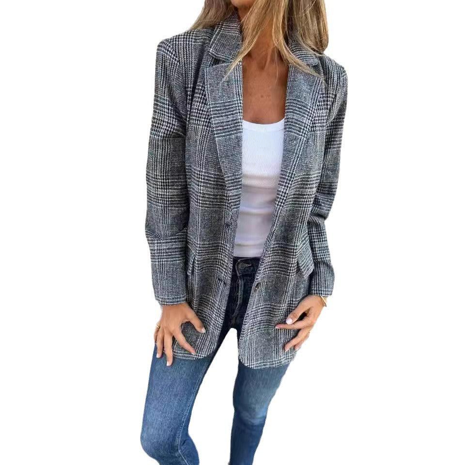 Women’s Retro Houndstooth Suit Jacket - Casual Chic Blazer