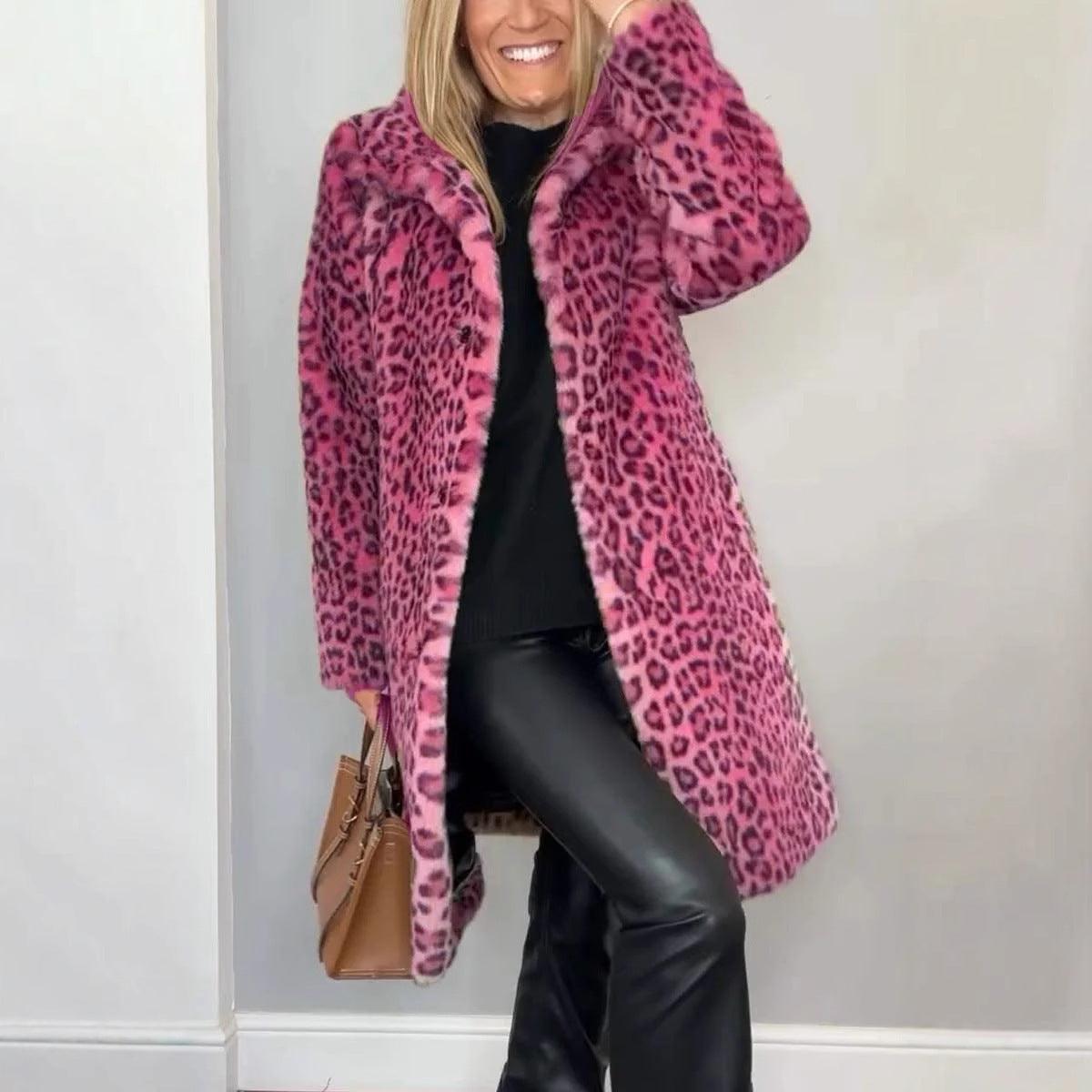 Leopard Print Plush Mid-Length Coat - Warm Winter Fashion for Women