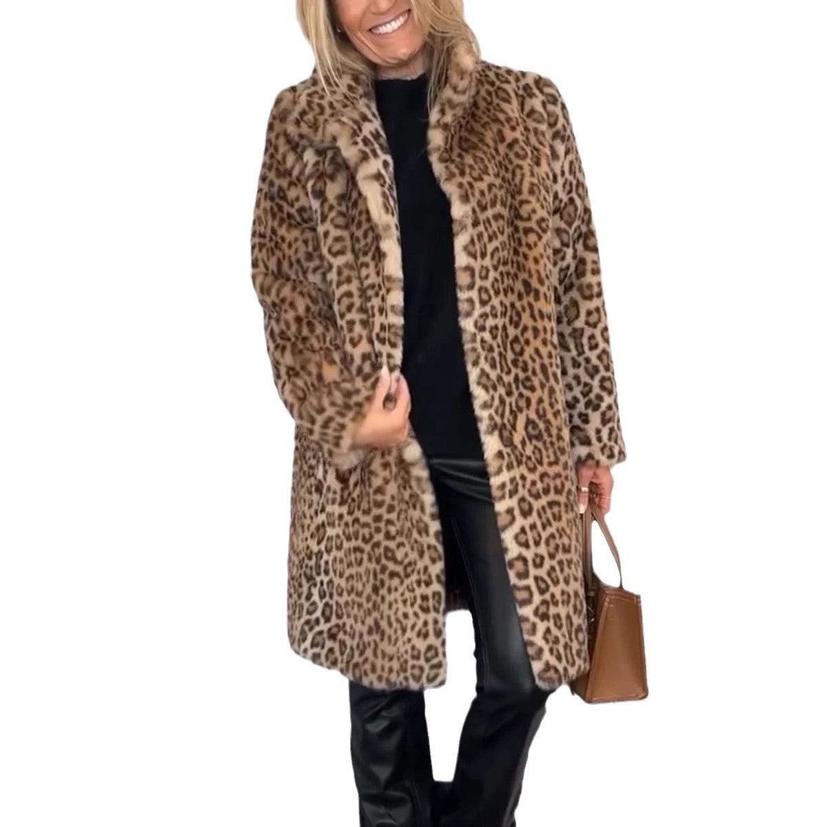 Leopard Print Plush Mid-Length Coat - Warm Winter Fashion for Women