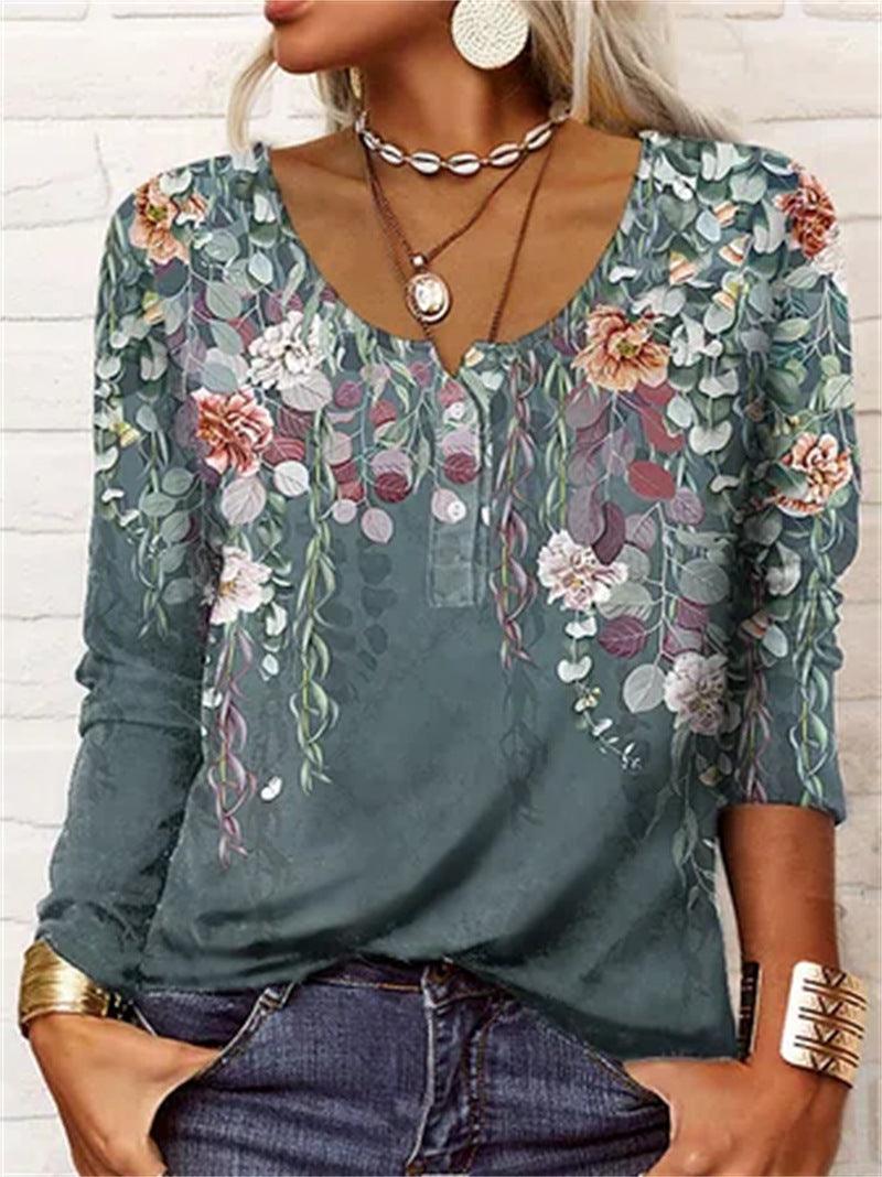 Long Sleeved Geometric Flower Mang U-neck Button Up T-shirt For Women