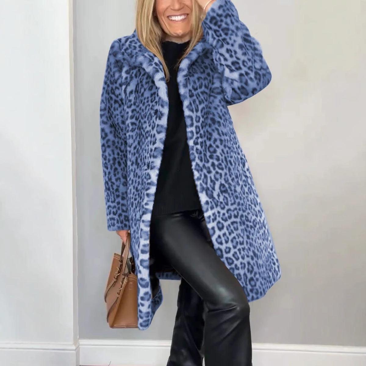 Leopard Print Plush Mid-Length Coat - Warm Winter Fashion for Women