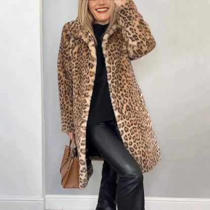 Leopard Print Plush Mid-Length Coat - Warm Winter Fashion for Women