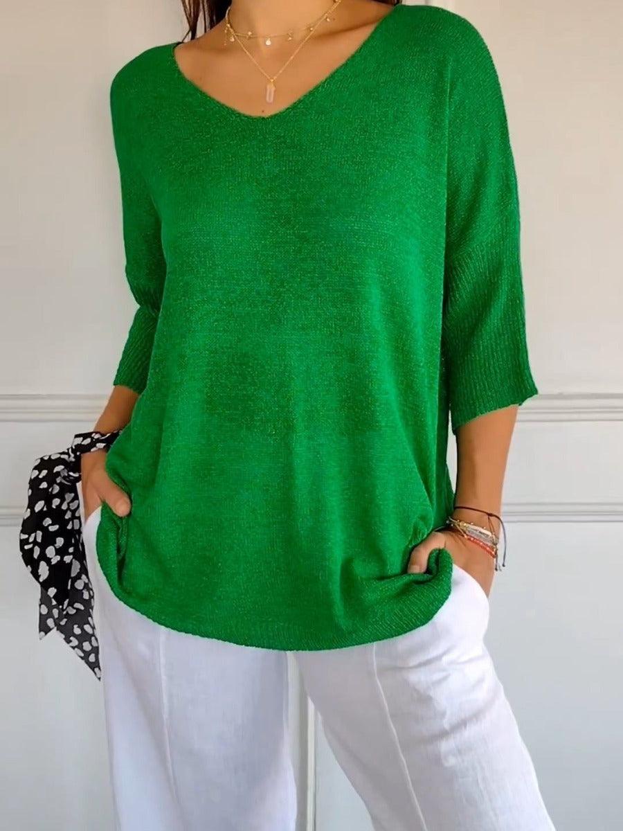 Solid Long Sleeve Sweater Slimming V-neckline Knitwear