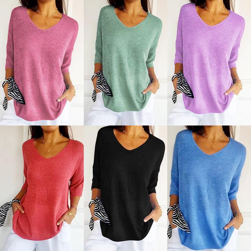 Solid Long Sleeve Sweater Slimming V-neckline Knitwear