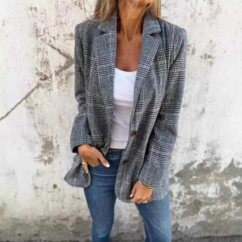 Women’s Retro Houndstooth Suit Jacket - Casual Chic Blazer