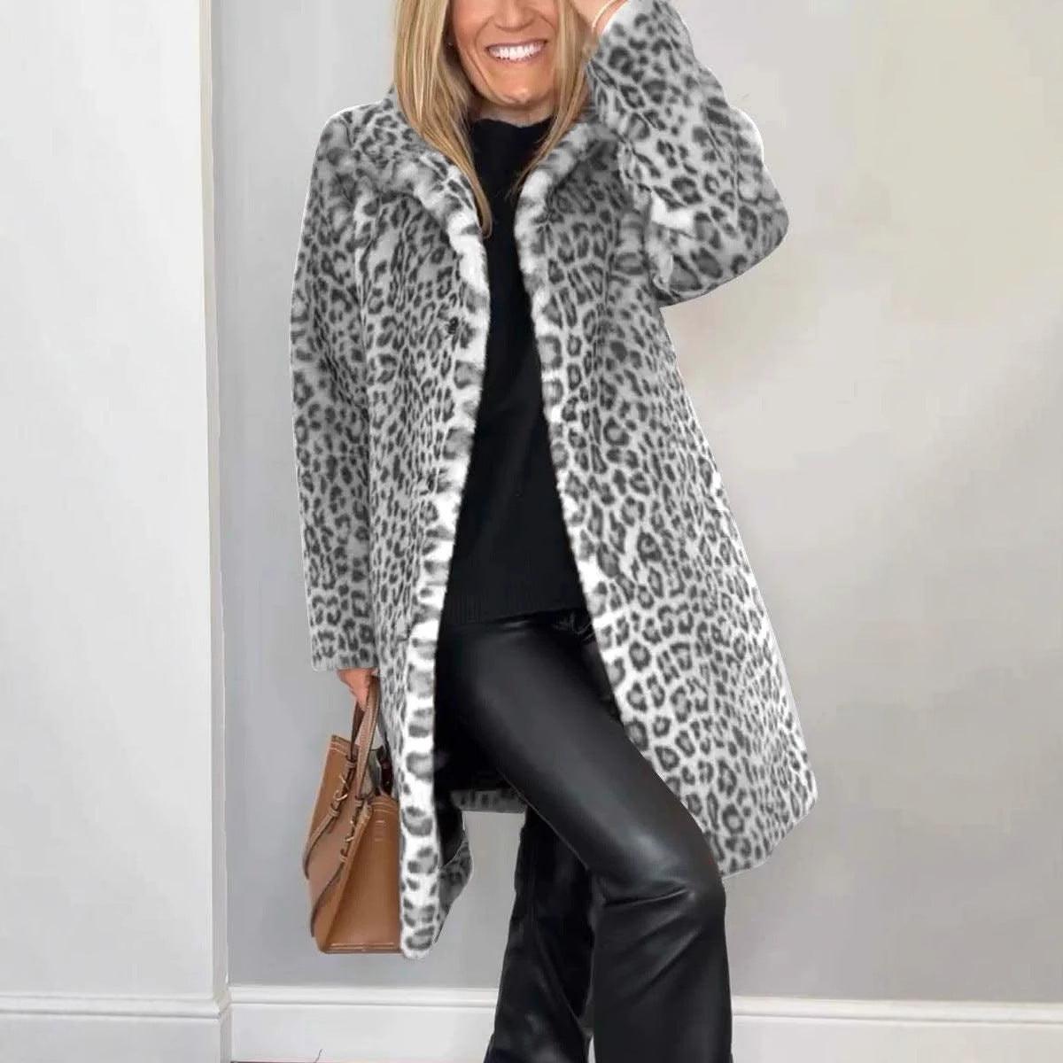 Leopard Print Plush Mid-Length Coat - Warm Winter Fashion for Women