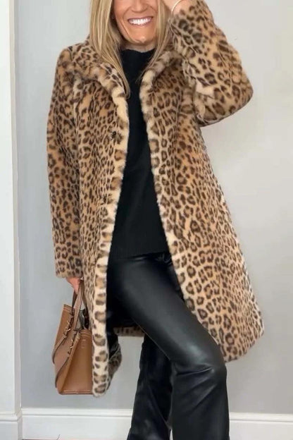 Leopard Print Plush Mid-Length Coat - Warm Winter Fashion for Women