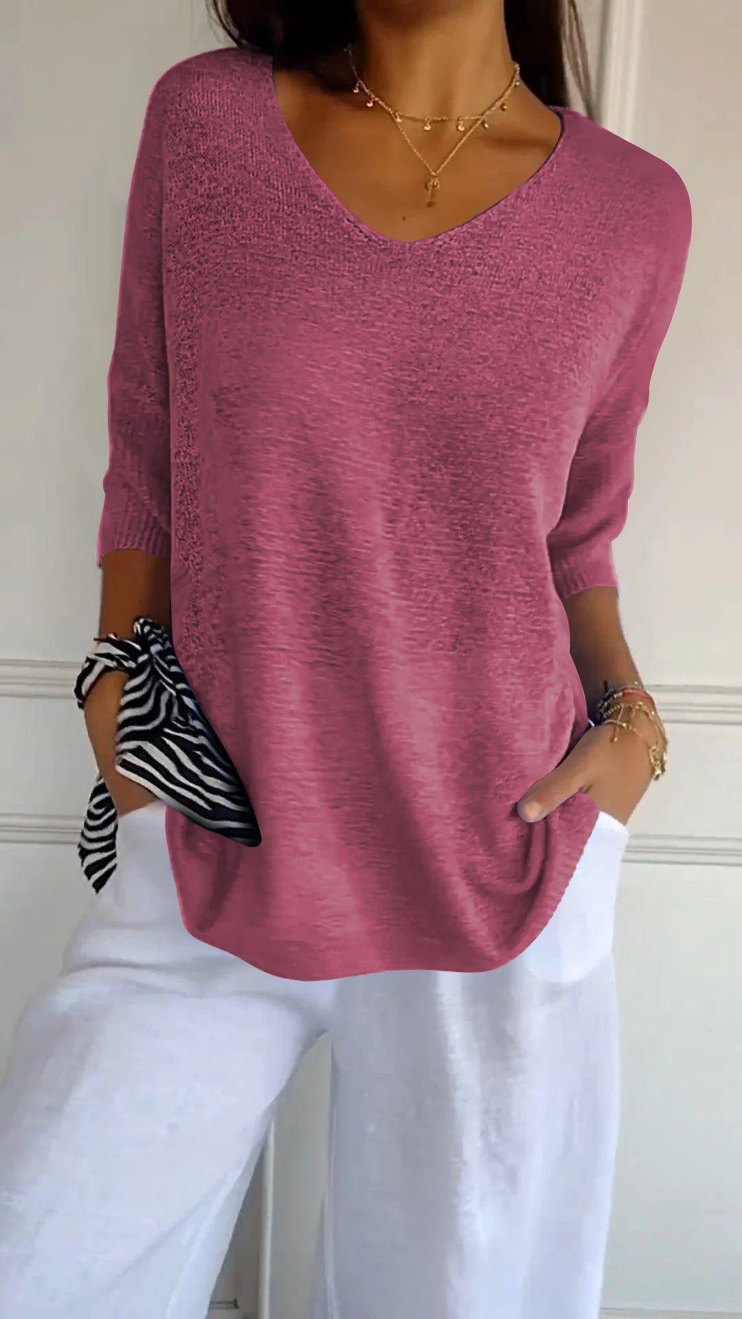 Solid Long Sleeve Sweater Slimming V-neckline Knitwear
