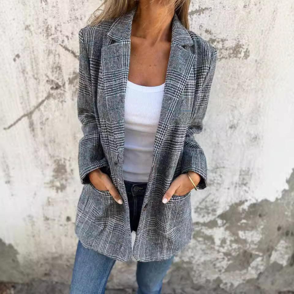 Women’s Retro Houndstooth Suit Jacket - Casual Chic Blazer