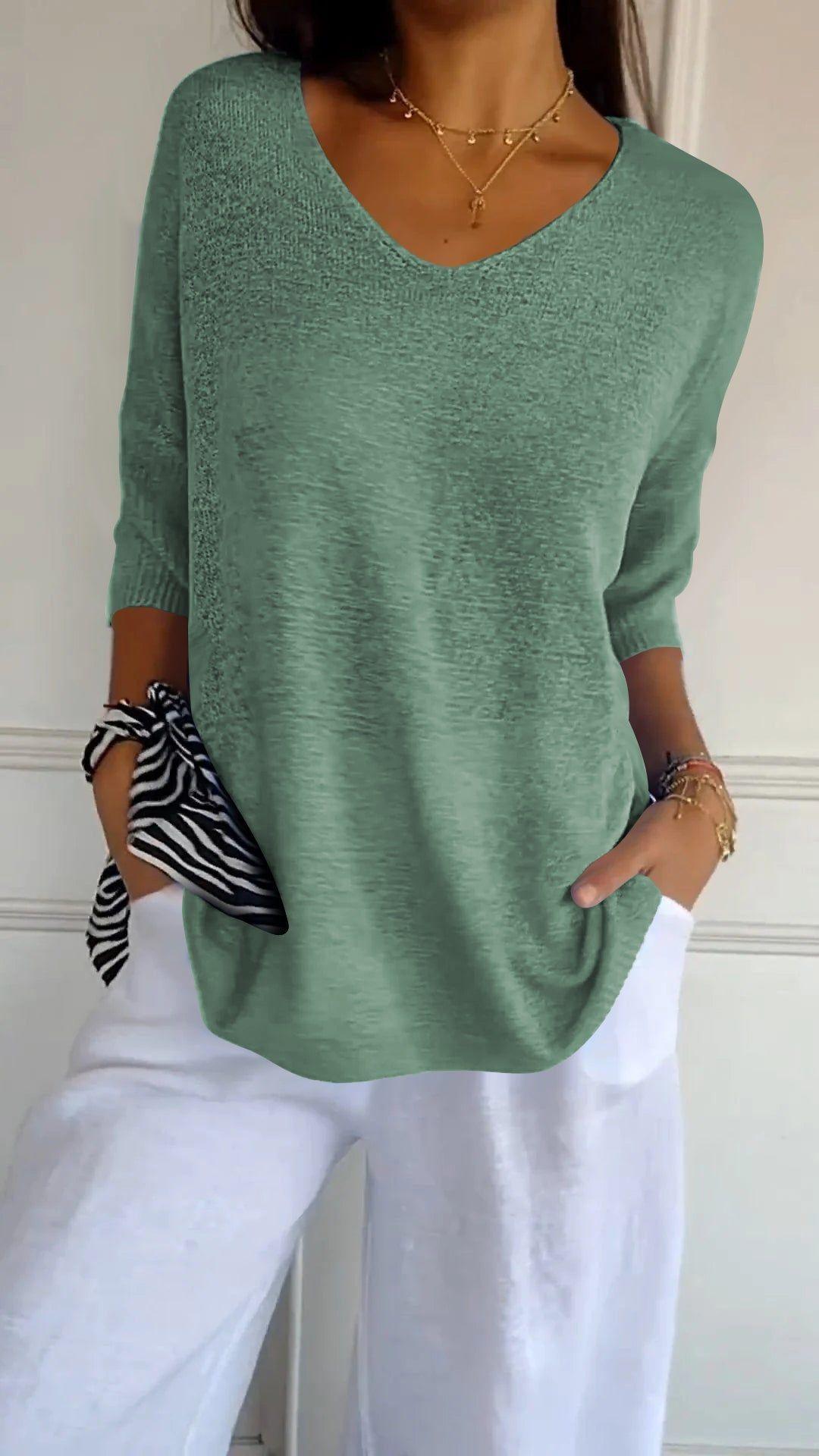 Solid Long Sleeve Sweater Slimming V-neckline Knitwear
